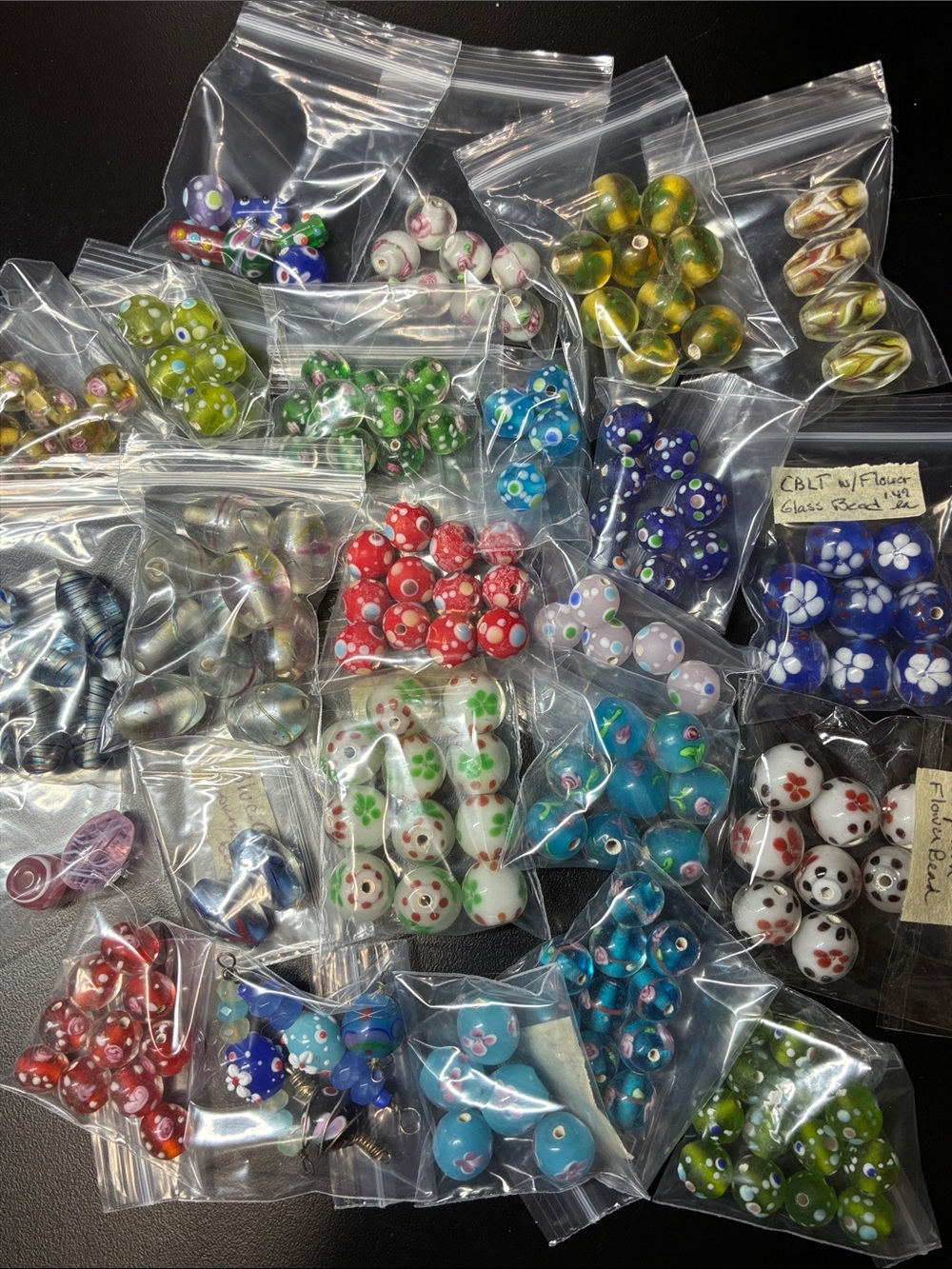 Lot of 177 Assorted Floral Lamp Work Glass Beads - Mixed Colors